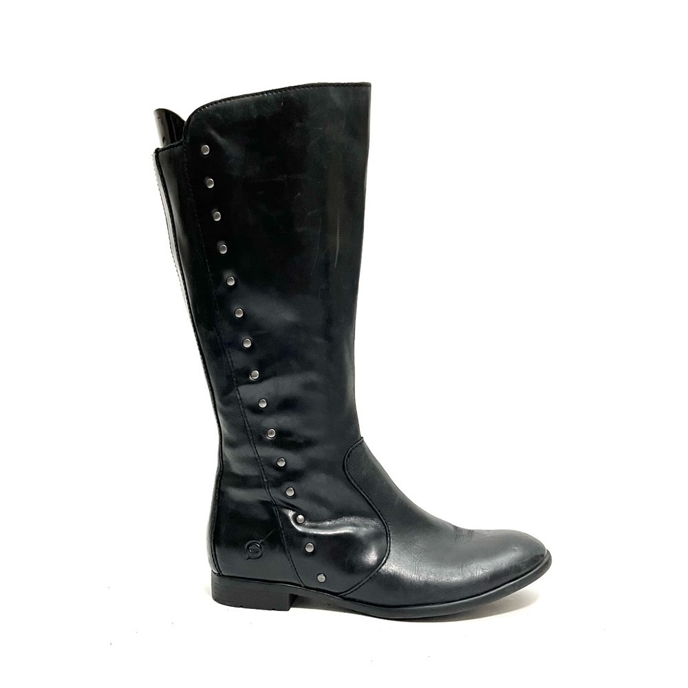 Vintage Y2K women’s black leather silver rivet zip up mid calf biker boots